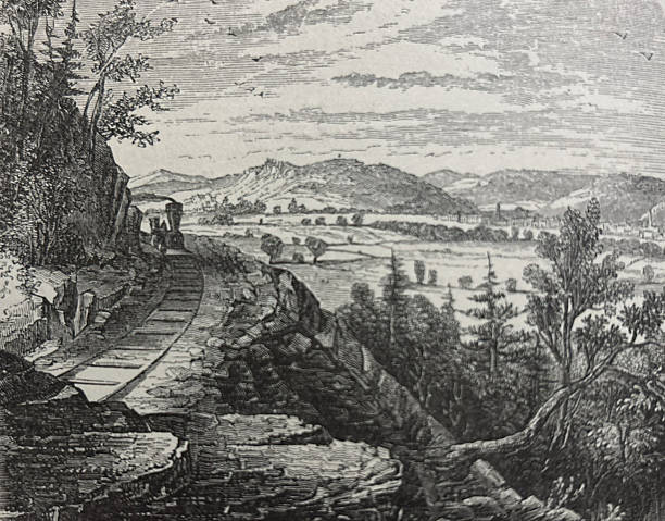 Antique illustration pre 1900 - railway train traveling on the edge of a hill with a valley in the distance