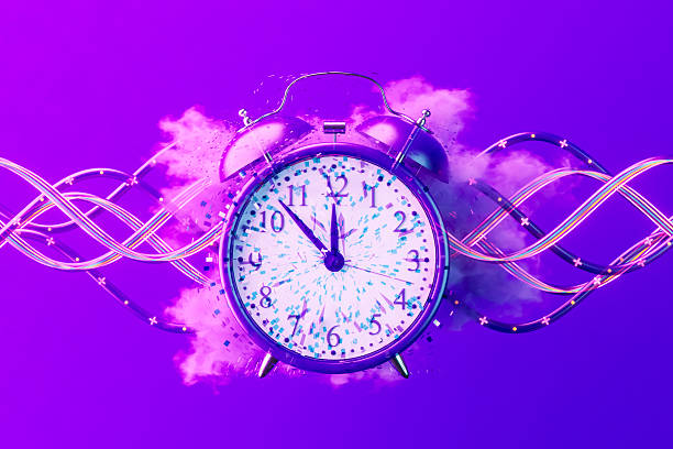 Alarm Clock with Cloud on Neon Lighting Futuristic Purple Background. Digitally generated image. 3d render.