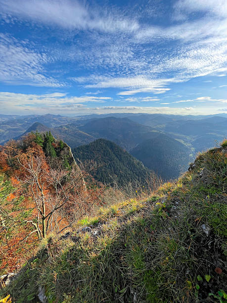 Beautiful view of the entire Pieniny Mountains from the top of Trzy Korony Mountain, Poland.