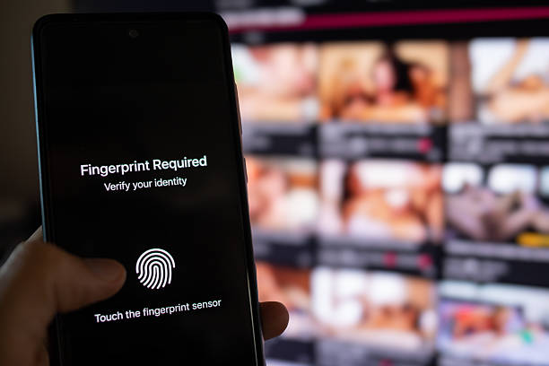 istock Smartphone requiring fingerprint verification for adult content access 2245319232