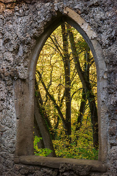 An Autumn view through the Folly in Hackfall Woods is a breathtaking glimpse into one of the Yorkshire Dales’ most enchanting landscapes. Standing within the weathered stone archways of the Folly — one of several romantic ruins scattered through the woodland — you look out over a sweeping valley painted in the deep, rich colors of fall.