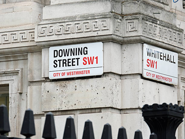 Downing Street, London, United Kingdom, November4, 2025. Wall mounted sign in Westminster. Prime minsters residence at No 10. Bright autumn winter day outdoors.
