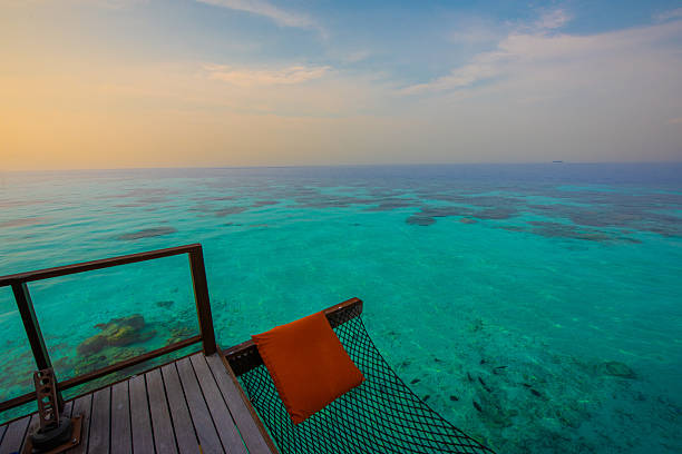 Relax paradise, Maldives. Sunset time at tropical Island. Tranquil closeup calm sea water waves with palm trees. Beautiful Panorama, Summer vacation, holiday amazing nature. Tropical island beach landscape exotic shore coast.