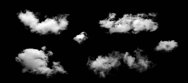 istock Collection of isolated white clouds on black background, representing sky elements, vapor and atmospheric effects for design or composition use. 2245324799