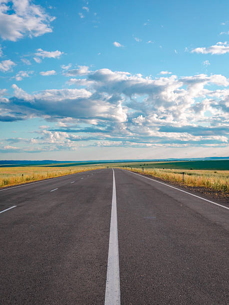 istock Endless country road stretching into horizon under bright blue sky and fluffy clouds in daytime 2245328706