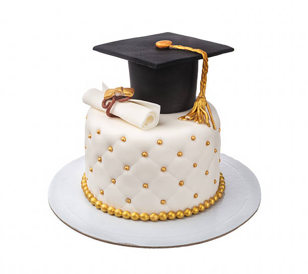 A class of 2024 charm on a yellow tassel on a black graduation cap, isolated on a white background.