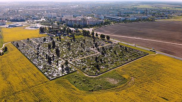 istock City cemetery. View from a drone. 2245336873