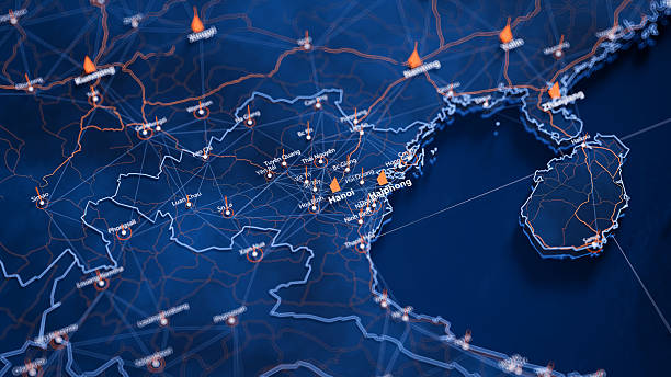 istock Hanoi map big data visualization. Futuristic map infographic of city in Vietnam. Visual map data complexity in modern blue and orange colors 2245338294
