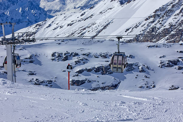 istock Gondola cabins traversing snowy alpine slope 2245339064