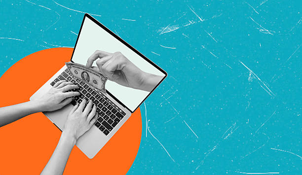 istock Art collage, Hands holding cash emerge from laptop screen while typing on keyboard shows online transactions 2245342648