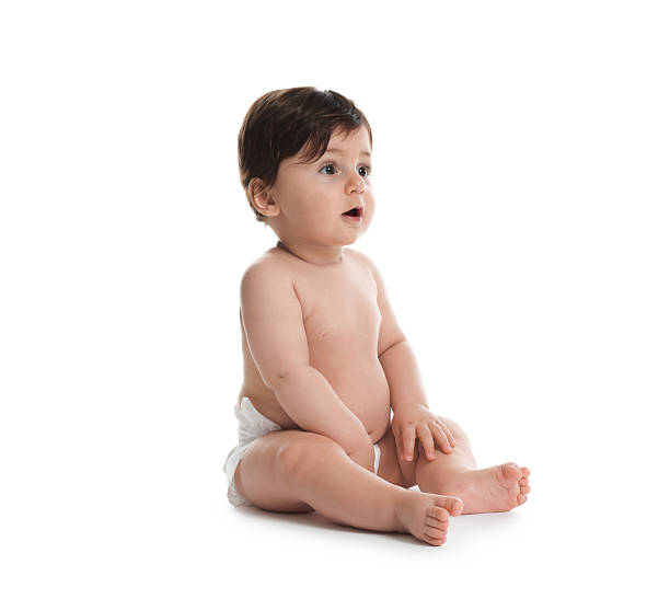 istock Cute little baby in diaper on white background 2245348932