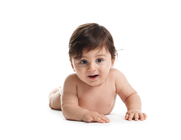 istock Cute little baby in diaper on white background 2245348935