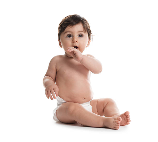 istock Cute little baby in diaper on white background 2245349054