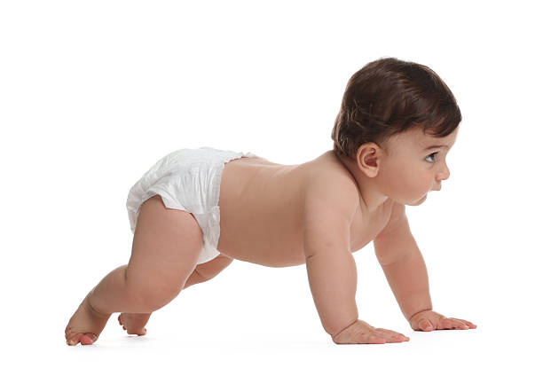 istock Cute little baby in diaper on white background 2245349063
