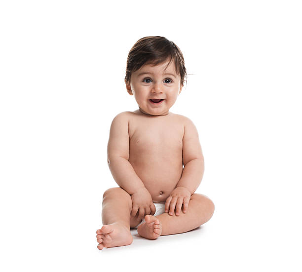 istock Cute little baby in diaper on white background 2245349147