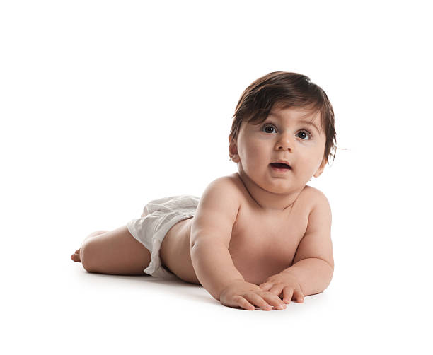 istock Cute little baby in diaper on white background 2245349197