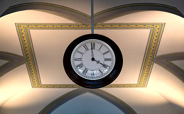 lucerne, switzerland - september  17, 2025: ceiling decoration and hanging clock in the main post office