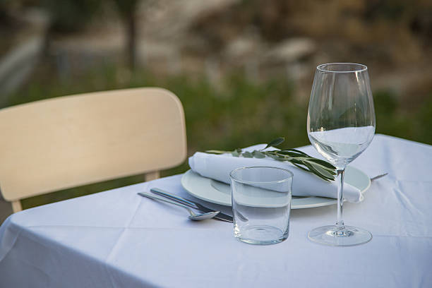 istock Table set for two outside, decorated with olive branches, white linens, and glassware. Surrounded by vineyards and mountains in rural Alijo, Portugal. Calm atmosphere, nature, rural tourism. 2245349888