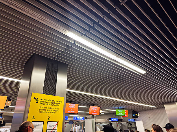 Balice, Poland - October 04, 2025: Busy Krakow airport scene with travelers at passport control beneath bright ceiling lights and signage.