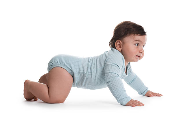 istock Cute little baby crawling on white background 2245351664