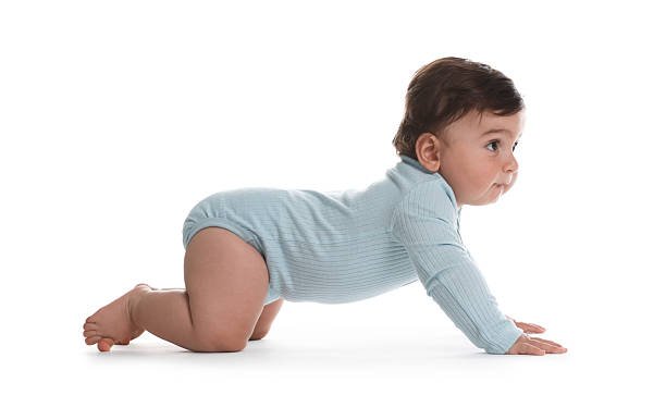 istock Cute little baby crawling on white background 2245352532