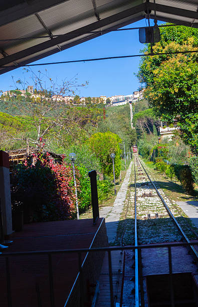 istock Montecatini Terme funicular railway with approaching car and hill view 2245362844