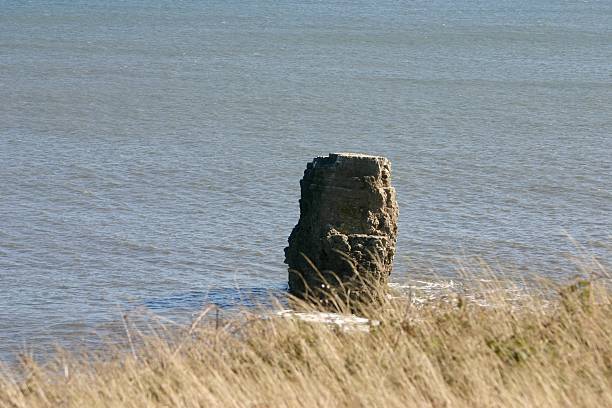 A solitary rock structure rises from the calm sea, weathered by time and waves. Its rugged surface contrasts with the smooth water, symbolizing resilience and natural beauty amidst endless motion.