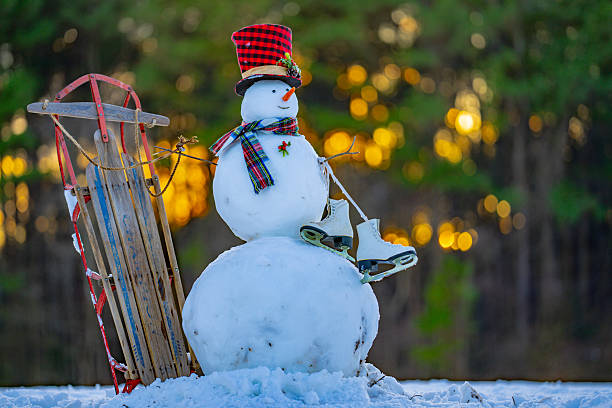 istock Snow man with festive decorations. Snowman in wintry backyard. Funny snowman with joyful expression outdoors. Snowman with scarf and hat for winter banner. Snowman in winter scene. 2245363865