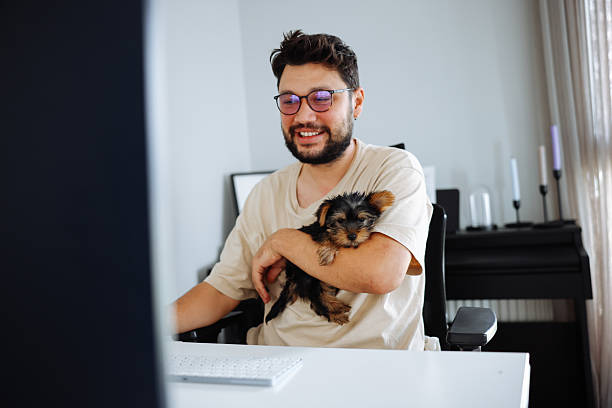 istock Man holding pet yorkshire terrier dog and using computer at home 2245364168