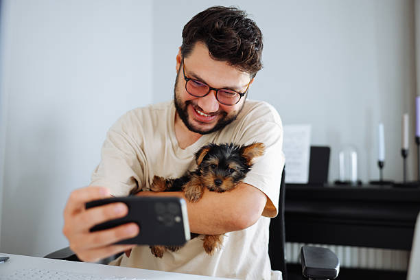 istock Man holding pet yorkshire terrier dog and using computer at home 2245364616