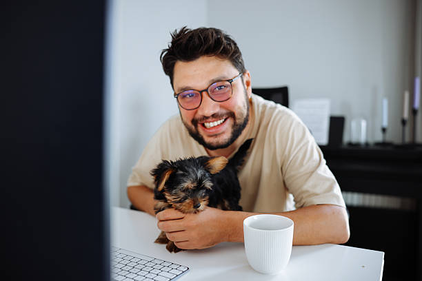 istock Man holding pet yorkshire terrier dog and using computer at home 2245365500