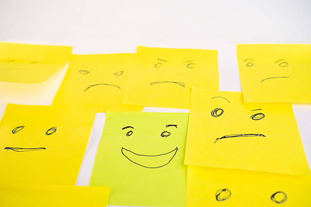 Happy green face surrounded by Angry and sad yellow post-it faces on White background. Horizontal orientation, and social concept.