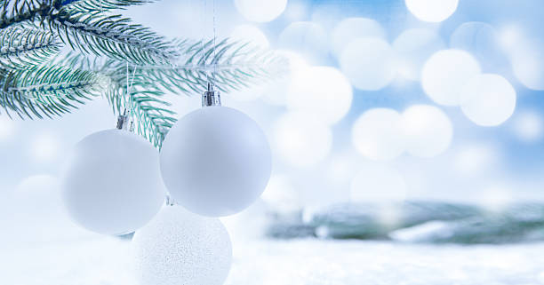 istock Christmas background with fir branches, white balls and bokeh. 2245376410