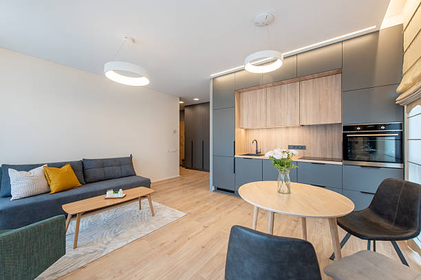 istock Modern Open-Plan Living Room And Kitchen With Grey Sofa, Round Table And Fresh Flowers, Bright Decor 2245377256