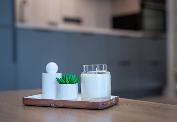 istock Minimalist Tray with Candle and Succulent on Wooden Table in Modern Setting 2245377351