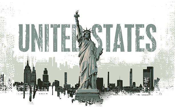 Vector banner with united states lettering, Statue of Liberty, cityscape New York and skyscrapers. USA illustration in grunge style. T-shirt design, tourist signboard, tourist postcard.