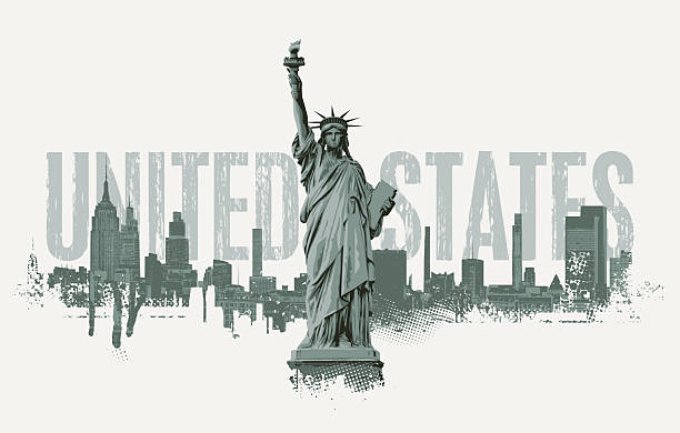 Vector banner with united states lettering, Statue of Liberty, cityscape New York and skyscrapers. USA illustration in grunge style. T-shirt design, tourist signboard, tourist postcard.