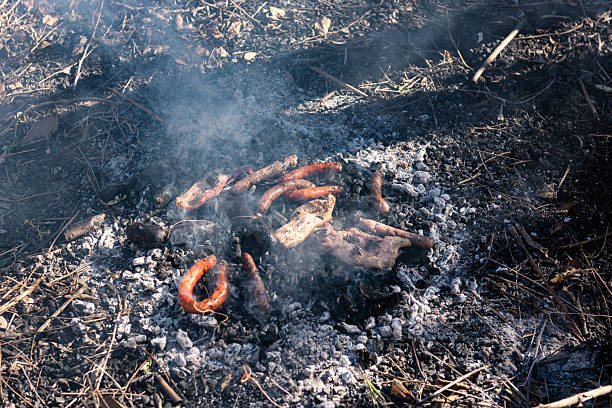A rustic scene unfolds as traditional sausage sizzles over glowing wood embers during an outdoor barbecue in the countryside