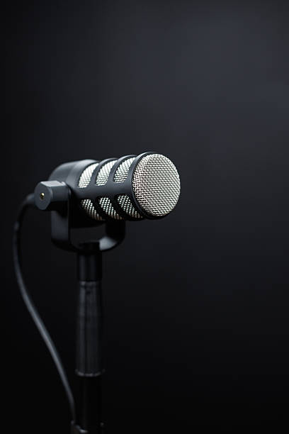 istock Studio microphone on dark background, vertical photo. Professional microphone for podcasting, broadcasting, and voice recording in studio setup with soft lighting. 2245394516