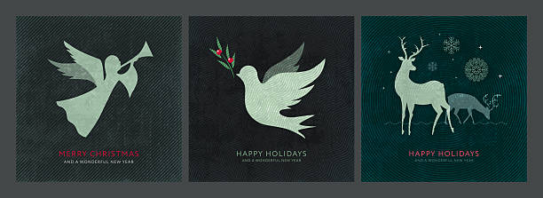 Elegant Christmas card set featuring minimalist illustrations of an angel with a trumpet, a dove with mistletoe, and deer under snowflakes on dark textured backgrounds. Perfect for festive greetings and winter holiday designs.