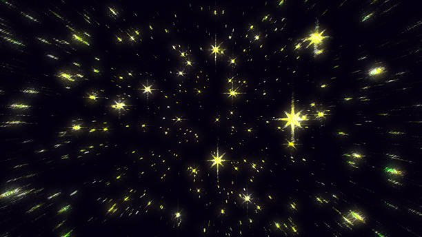 Gold stars sparkle and zoom on a dark backdrop, creating a dynamic astral effect