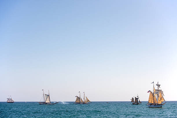 Traditional tall ships set sail during an Ocean Festival in Dana Point, California.