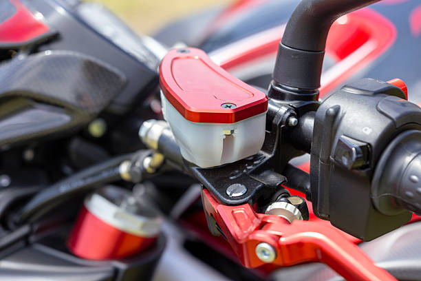 istock Closeup handlebar of new sport motorcycle, background with copy space 2245410908