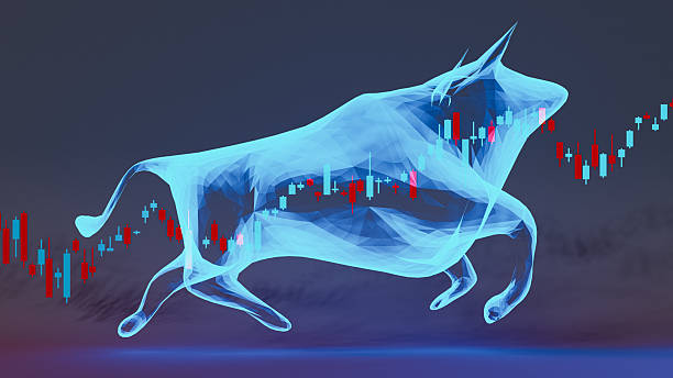 istock Abstract Bull Market Concept: 3D Glowing Blue Bull with Financial Candlestick Chart. 3d rendering 2245411713