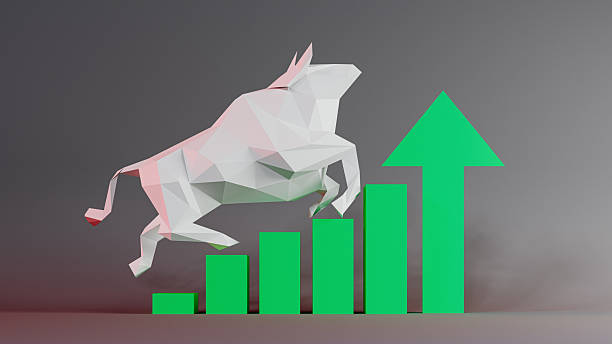 istock Financial Growth Concept: Bull Jumping Up Green Bar Chart with Arrow. 3d rendering 2245411719