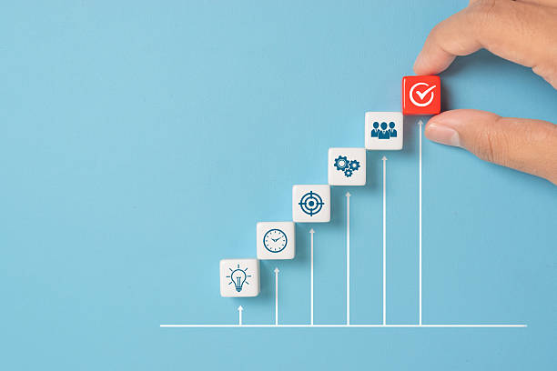 istock Business process management, Businessman plan a project with dice with icon business strategy on blue background. copy space 2245412003