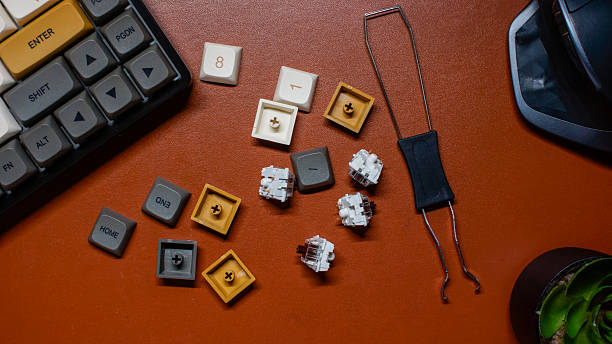 istock Top view or flat layout of working space with mechanical keyboard. 2245418257