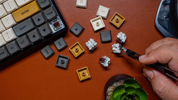 istock Top view or flat layout of working space with mechanical keyboard. 2245418265