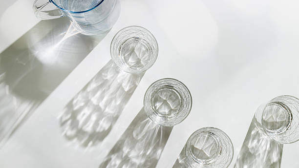 istock Water Glasses and water jug with Shadows and sunlight Reflection on white background, colored photo minimal style, aesthetic summer still life, refraction throug crystal shine cups, caustics 2245420353