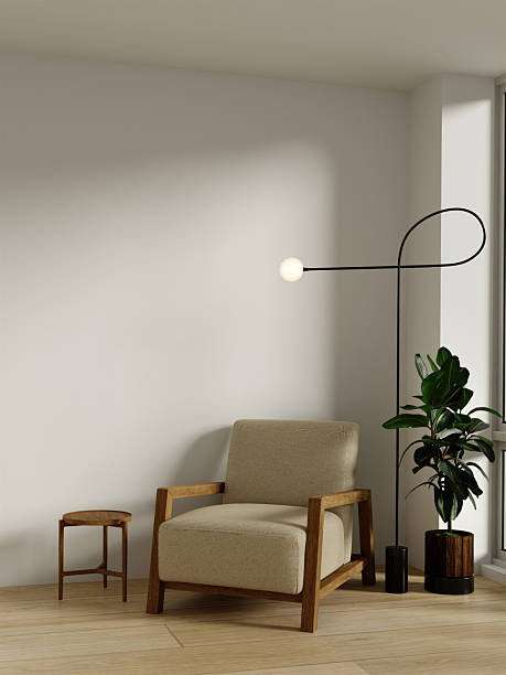 istock Interior design elegance featuring a minimalist chair and lamp. 3D render illustration 2245426744